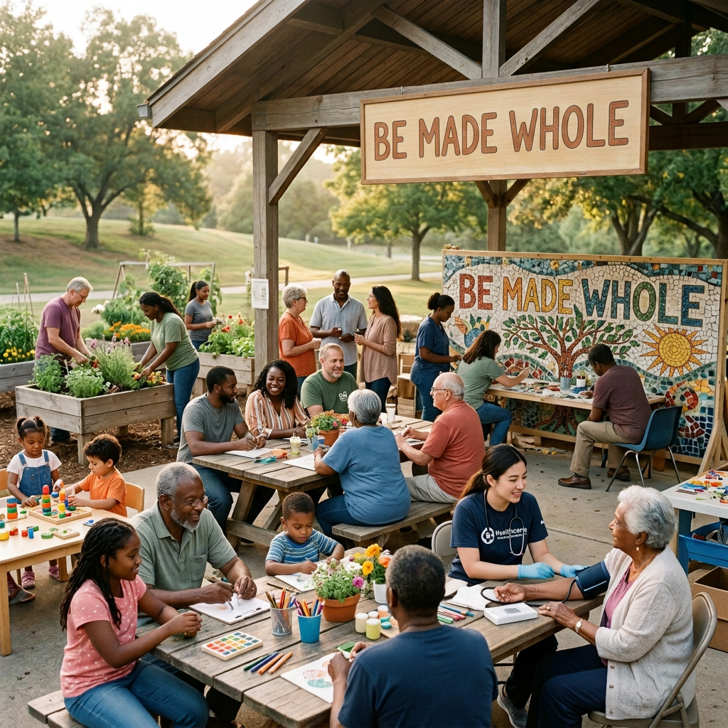 Community members gardening, creating art, and receiving wellness support outdoors